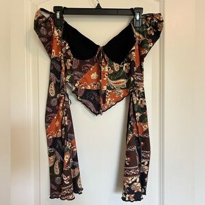 Boho bell sleeve crop Patchwork Off-Shoulder peasant  Top